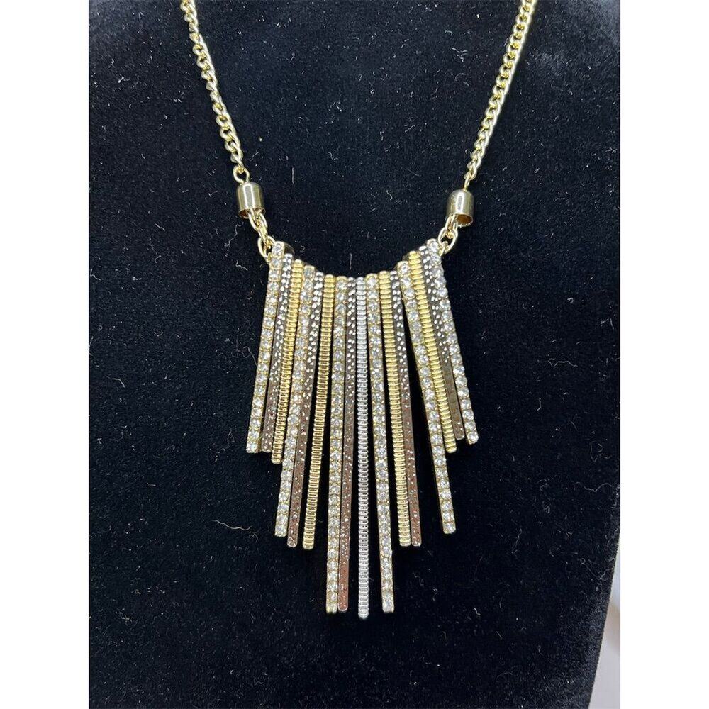 INC Fringe Necklace Mixed Metals Gold Silver Tone Cubic Zirconia 14–17” NWT